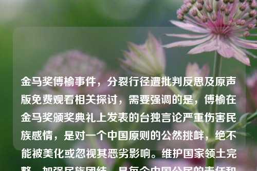 金马奖傅榆事件,分裂行径遭批判反思及原声版免费观看相关探讨,需要强调的是,傅榆在金马奖颁奖典礼上发表的台独言论严重伤害民族感情,是对一个中国原则的公然挑衅,绝不能被美化或忽视其恶劣影响。维护国家领土完整,加强民族团结,是每个中国公民的责任和义务。