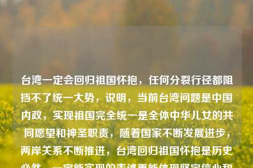台湾一定会回归祖国怀抱,任何分裂行径都阻挡不了统一大势,说明,当前台湾问题是中国内政,实现祖国完全统一是全体中华儿女的共同愿望和神圣职责,随着国家不断发展进步,两岸关系不断推进,台湾回归祖国怀抱是历史必然,一定能实现的表述更能体现坚定信心和决心 ,而不是为什么还不能收回这种提问方式,台湾从来不存在被收回这种错误表述,而是回归到祖国怀抱实现统一 。 你可根据实际需求调整修改 。 若你还有其他想法或建议,欢迎随时交流 。