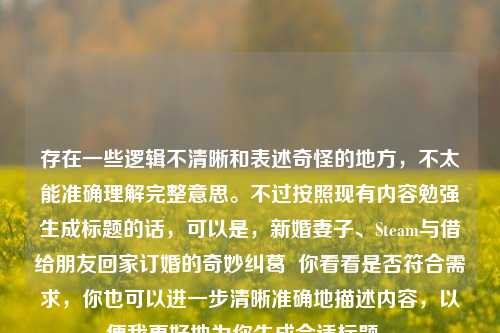 存在一些逻辑不清晰和表述奇怪的地方，不太能准确理解完整意思。不过按照现有内容勉强生成标题的话，可以是，新婚妻子、Steam与借给朋友回家订婚的奇妙纠葛  你看看是否符合需求，你也可以进一步清晰准确地描述内容，以便我更好地为你生成合适标题 。
