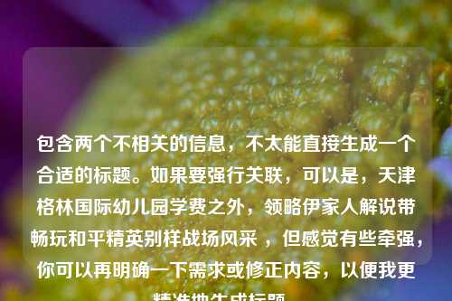 包含两个不相关的信息,不太能直接生成一个合适的标题。如果要强行关联,可以是,天津格林国际幼儿园学费之外,领略伊家人解说带畅玩和平精英别样战场风采 ,但感觉有些牵强,你可以再明确一下需求或修正内容,以便我更精准地生成标题 。