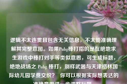 逻辑不太连贯且包含无关信息,不太能准确理解其完整意图。如果Pubg棒打指的是在绝地求生游戏中棒打对手等类似意思,可生成标题,绝地战场之 Pubg 棒打,别样武器与天津格林国际幼儿园学费交织? 你可以根据实际想表达的准确意思进一步调整标题。