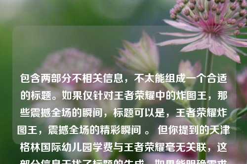 包含两部分不相关信息,不太能组成一个合适的标题。如果仅针对王者荣耀中的炸图王,那些震撼全场的瞬间,标题可以是,王者荣耀炸图王,震撼全场的精彩瞬间 。 但你提到的天津格林国际幼儿园学费与王者荣耀毫无关联,这部分信息干扰了标题的生成,如果能明确需求只围绕王者荣耀相关内容来创作标题会更好。